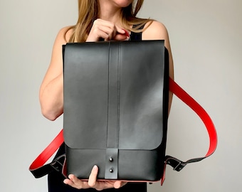 Minimalist leather backpack Black leather rucksack Large backpack purse for women Monogrammed handbags by Olena Molchanova
