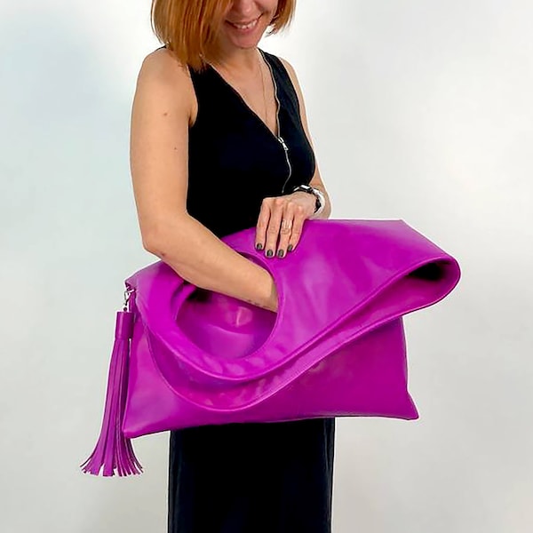 Unique purse Extra large leather clutch bag Asymmetrical handbags Bright leather bag Purple leather tote bag for women Designer bag