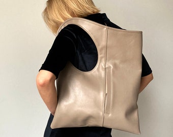 Beige leather tote Large leather hobo handbag for women Medium shoulder bag Square leather purse Genuine leather shopper