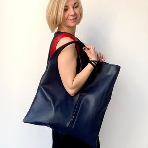 Navy blue shoulder bag Oversized purse Soft leather bag Flat leather shopper Armhole bag Geometric handbags Handmade leather hobo bag