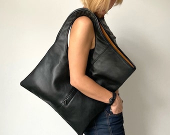 Soft leather tote bag for women Black hobo purse Oversized handbag Unique shoulder bag Handmade shoulder bag