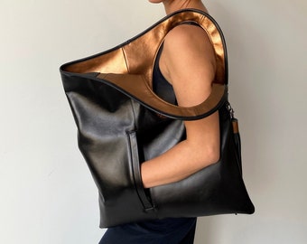 Black and bronze handbag for women Extra large leather shoulder bag Soft leather purse Slouchy hobo bag Unique shopper Handmade tote bag