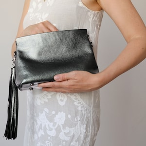 Silver crossbody bag Small leather purse Monogrammed handbags Minimalist clutch for women