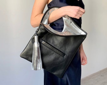 Minimalist handbag for women Black and silver leather bag Asymmetrical tote Small hobo bag Soft leather purse Armhole bag
