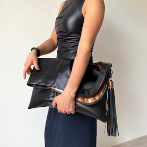 Oversized clutch purse Soft leather handbag Black unique shoulder bag for women Fold over purse Unique leather bag