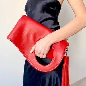 Red leather handbag Oversized clutch purse Fold over bags Slouchy hobo bags for women Asymmetrical purse Soft leather shoulder bag Genuine leather bag by Olena Molchanova.