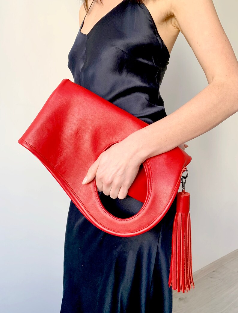 Red leather handbag Oversized clutch purse Fold over bags Slouchy hobo bags for women Asymmetrical purse Soft leather shoulder bag Genuine leather bag by Olena Molchanova.