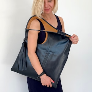 Soft leather shoulder purse Large hobo bag for women Genuine leather handbag Black shopping bag Unique tote Armhole bag