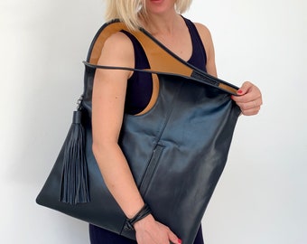 Soft Leather Hobo Bag: Large Black Shoulder Tote