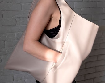 Taupe Leather Hobo Bag: Large Soft Leather Tote with Pocket