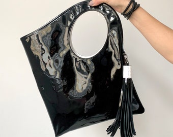 Black patent leather purse Mini leather handbag with fringe Patent leather bag for women Luxurious bag