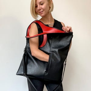 Oversized Leather Shopper: Black & Red Asymmetrical Hobo Bag