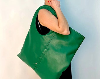 Green leather shoulder bag Asymmetrical purse Oversized hobo bag Bright purse Soft leather handbags for women by Olena Molchanova