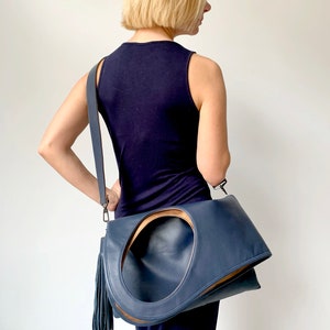 Blue leather purse Real leather hobo bag Designer bag Genuine leather handbags for women Navy blue shoulder bags Extra large leather shopper by Olena Molchanova.