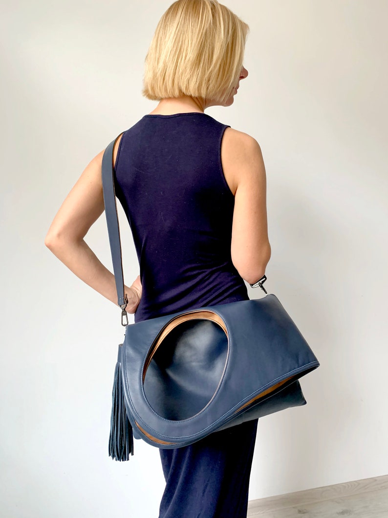 Blue leather purse Real leather hobo bag Designer bag Genuine leather handbags for women Navy blue shoulder bags Extra large leather shopper by Olena Molchanova.