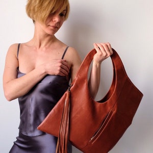 Cognac Leather Hobo Bag: Handmade Large Tote with Tassel