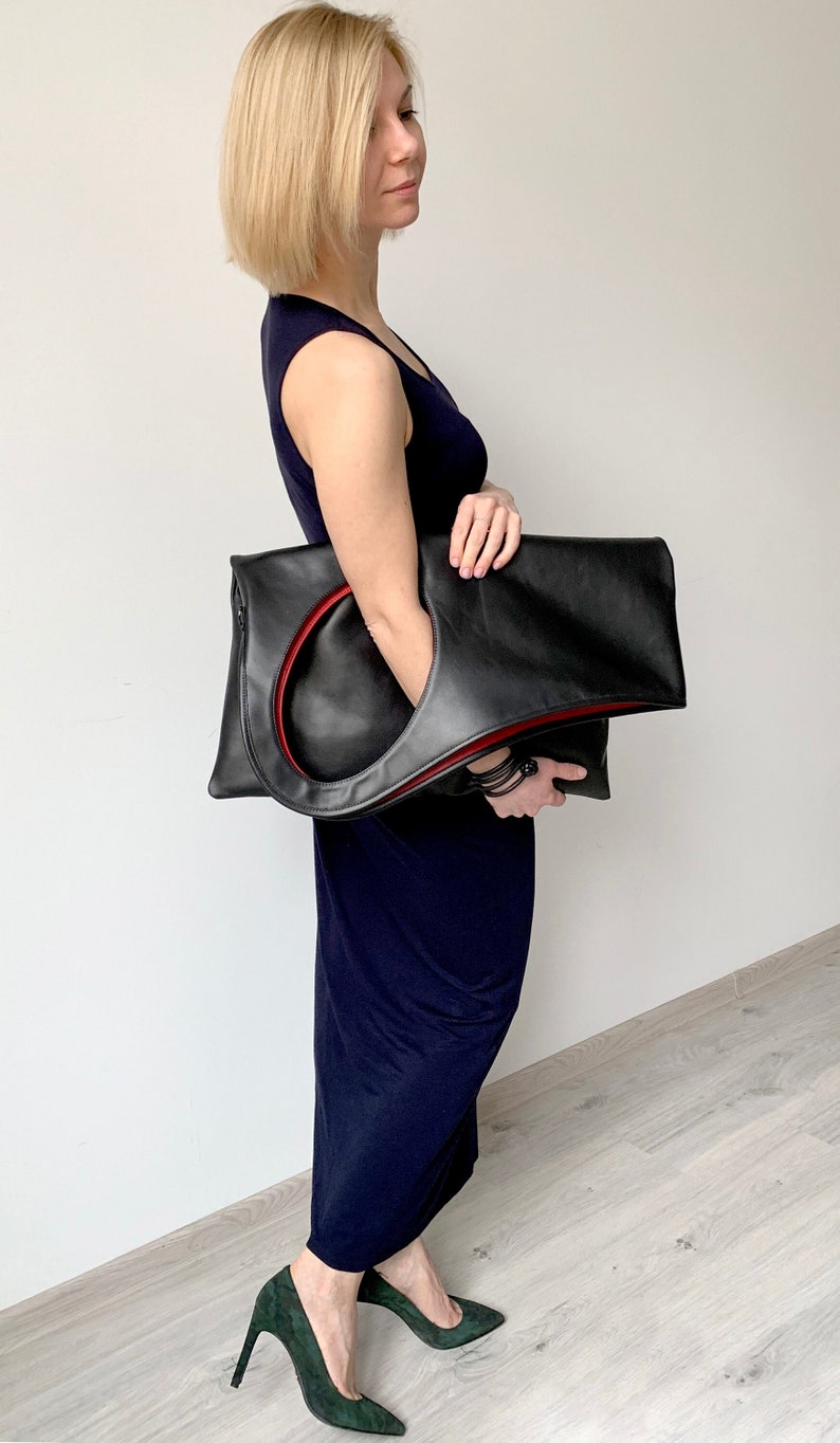 Oversized clutch Black leather shoulder bag Asymmetrical purse Flat handbags for women Genuine leather bag Soft leather pouch bag 20.5/18.5 inches