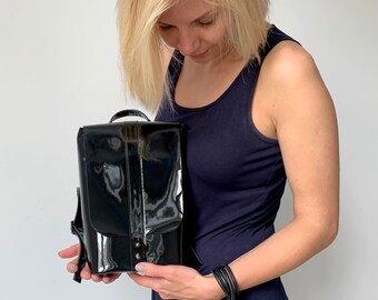 Black backpack for women Patent handbag Minimalist backpack Small shiny purse