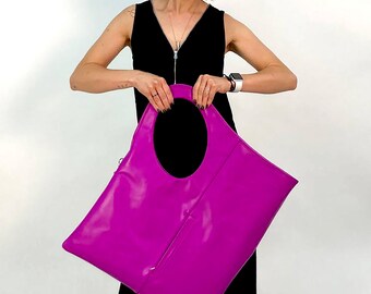 Pink leather shoulder bag Ladies armhole handle purse Oversized asymmetrical shopper