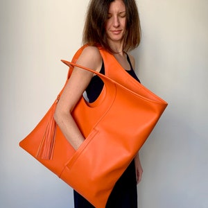 Orange leather handbag Oversized shoulder bag Slouchy hobo bag Unique handbags for women Handmade leather purse Modern leather tote bag