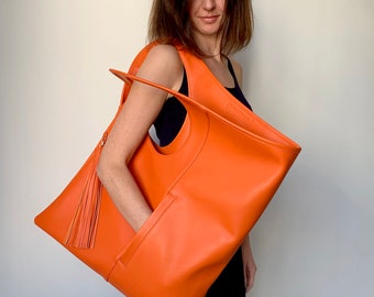 Orange leather handbag Oversized shoulder bag Slouchy hobo bag Unique handbags for women Handmade leather purse Modern leather tote