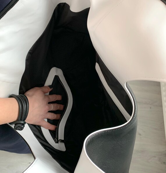 Minimalist Leather Bag Black and Silver Purse Oversized