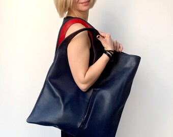 Navy blue shoulder bag Oversized purse for women Soft genuine leather hobo Unique handbag