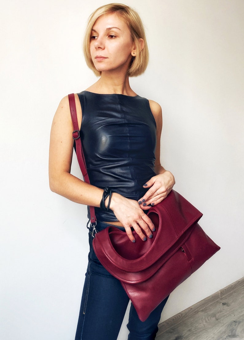 Burgundy crossbody bag Maroon leather bag Medium purse with pockets Slouchy hobo bag Foldover handbags for women by Olena Molchanova