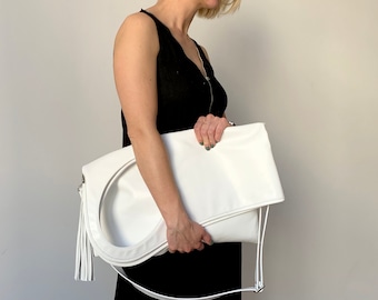White Leather Hobo Bag: Oversized Asymmetrical Clutch