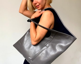 Asymmetrische Tasche Grau Leder Hobo Tasche für Frauen Echtes Leder Geldbörse Ledertasche Große Schultertasche Handgefertigte Handtasche