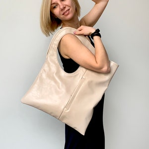 Beige leather handbag Unique hobo bag Medium tote bag for women Slouchy shoulder bag Asymmetrical purse Custom bags Taupe leather purse