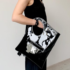 Black and red patent leather purse Minimalist designer handbag for women Small shoulder bag by Olena.