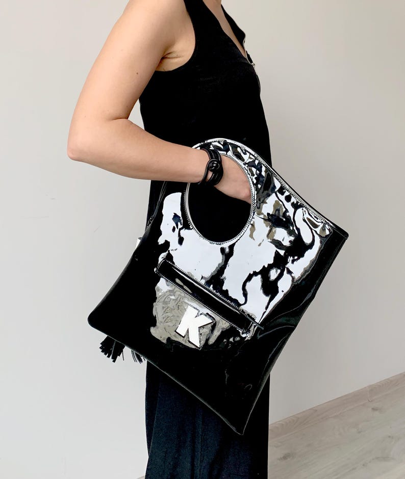 Black and red patent leather purse Minimalist designer handbag for women Small shoulder bag by Olena.