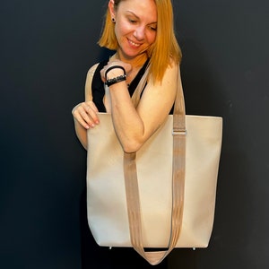 Beige leather tote bag Large leather shopper Modern leather shopping bag Genuine leather purse Taupe handbag Laptop suitable bag for women