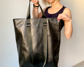 Handmade Black Leather Tote Bag: Oversized Shopper Purse