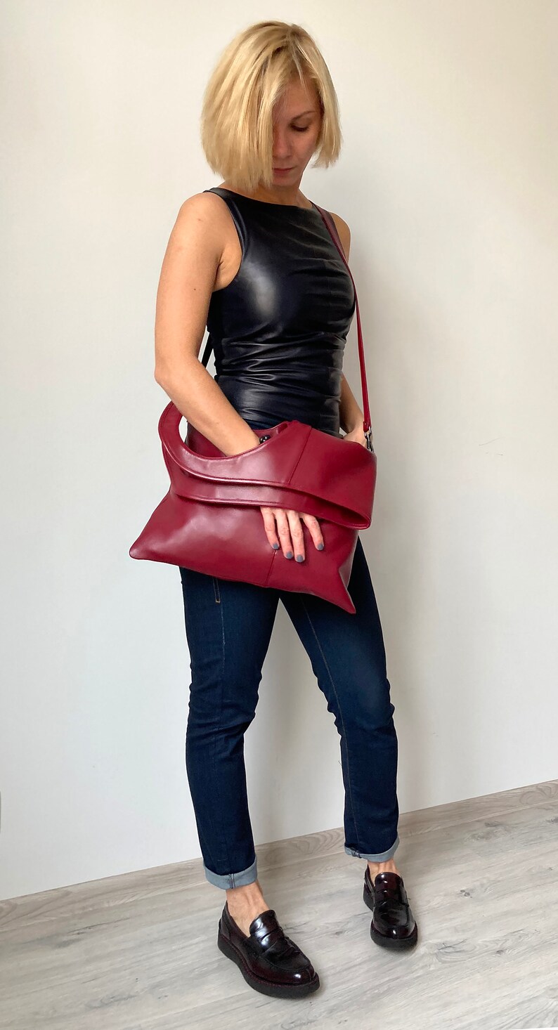 Burgundy crossbody bag Maroon leather bag Medium purse with pockets Slouchy hobo bag Foldover handbags for women by Olena Molchanova