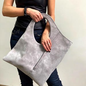 Suede leather hobo bag Grey suede leather bag Ladies shoulder bag with pocket Medium tote bag for women Asymmetrical handbag Armhole bag