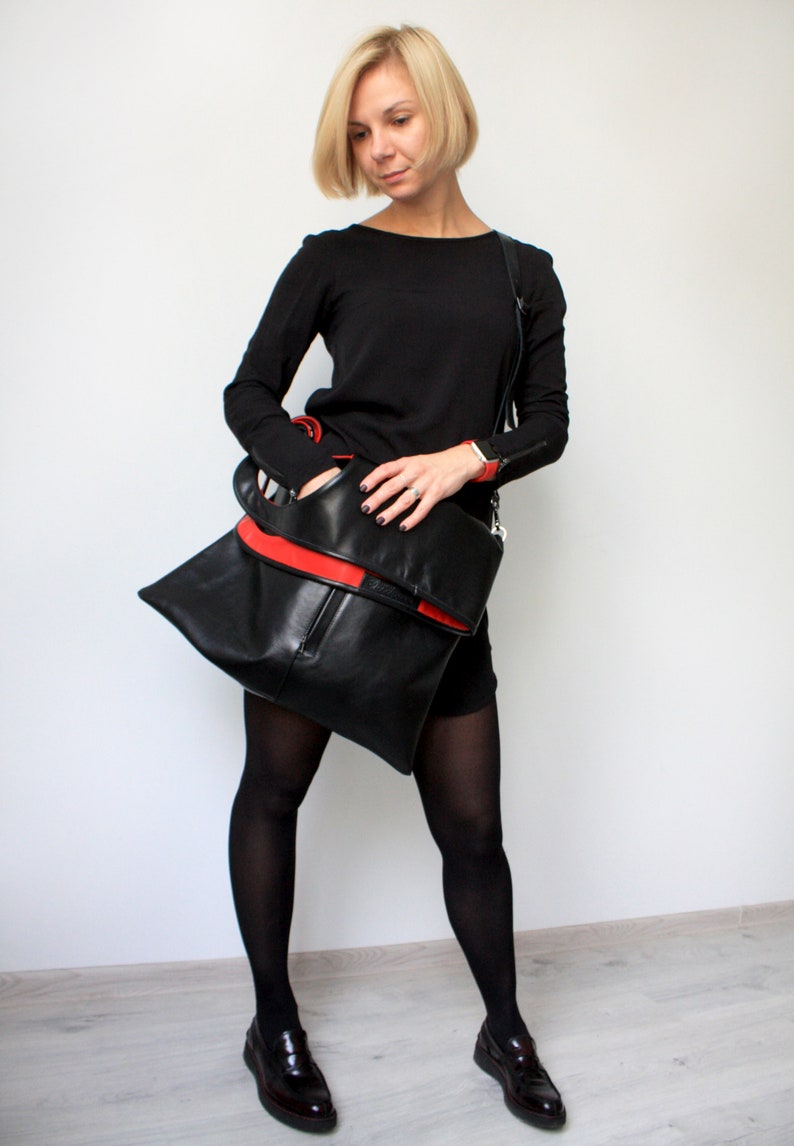 Oversized clutch Black leather shoulder bag Asymmetrical purse Flat handbags for women Genuine leather bag Soft leather pouch bag image 7