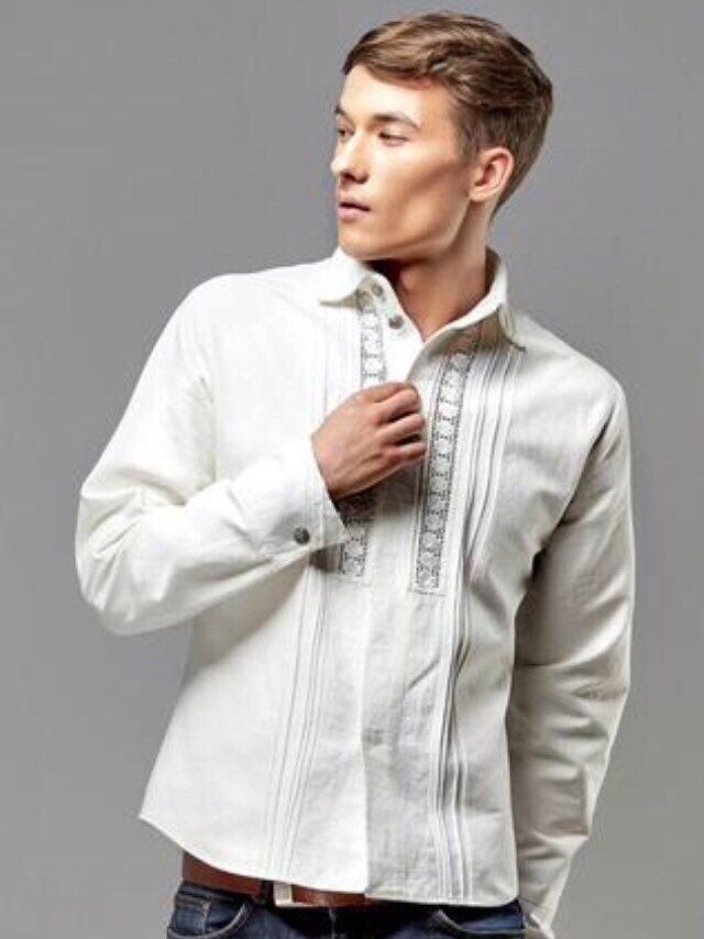 Mens linen shirt White embroidered shirt for men | Etsy