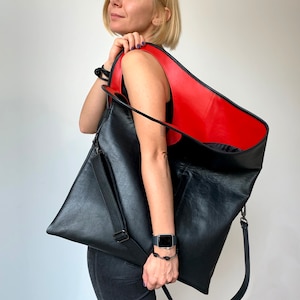 Oversized Black Leather Hobo Bag: Slouchy Asymmetrical Shoulder Bag