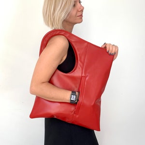 Red leather handbag Oversized clutch purse Fold over bags Slouchy hobo bags for women Asymmetrical purse Soft leather shoulder bag Genuine leather bag by Olena Molchanova.