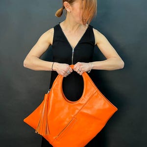 Yellow soft leather fold over clutch purse with tassel Oversized hobo bag Unique handbag for women