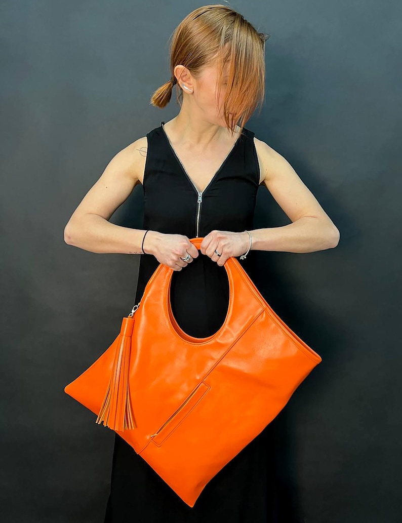 Yellow soft leather fold over clutch purse with tassel Oversized hobo bag Unique handbag for women