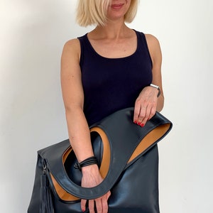 Black leather crossbody purse Oversized shopper Unique handbags for women Genuine leather bag Asymmetrical purse by Olena Molchanova.