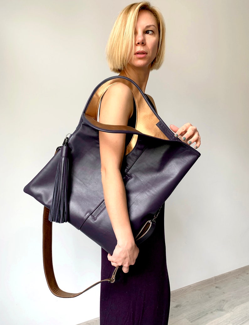 Blue leather purse Real leather hobo bag Designer bag Genuine leather handbags for women Navy blue shoulder bags Extra large leather shopper by Olena Molchanova.