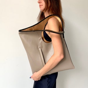 Beige leather tote bag for women Large leather handbag Asymmetrical purse Unique shoulder bag Soft leather shopper.