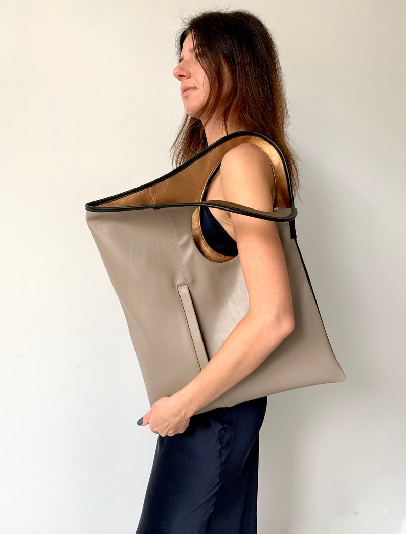 Beige leather tote bag for women Large leather handbag Asymmetrical purse Unique shoulder bag Soft leather shopper.