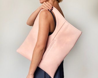 Lambskin leather purse Pink hobo bag Medium shoulder bag Modern leather handbag Asymmetrical purse Soft leather shopper Blush leather purse