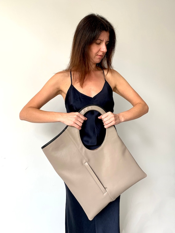 Beige Leather Tote Bag: Large Asymmetrical Shoulder Bag