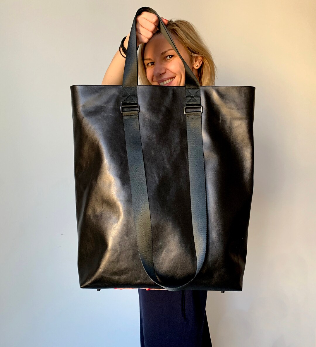 トートバッグ Hidesins Black Leather Flap Shopper Bag L Large Hidesins Black Leather Flap Shopper Bag L Large Tote Bag